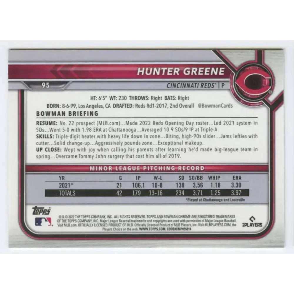 2022 Bowman Chrome #95 Hunter Greene NM-MT RC Rookie Cincinnati Reds Baseball Card - Baseball Card Single