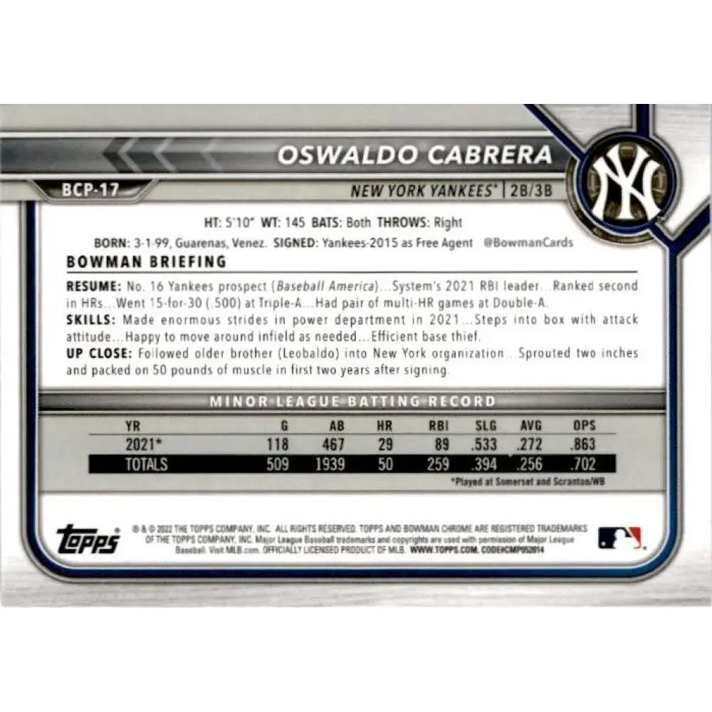 2022 Bowman Chrome Mega Box Mojo Refractor #BCP-17 Oswaldo Cabrera NM-MT New York Yankees Baseball Card - Baseball Card