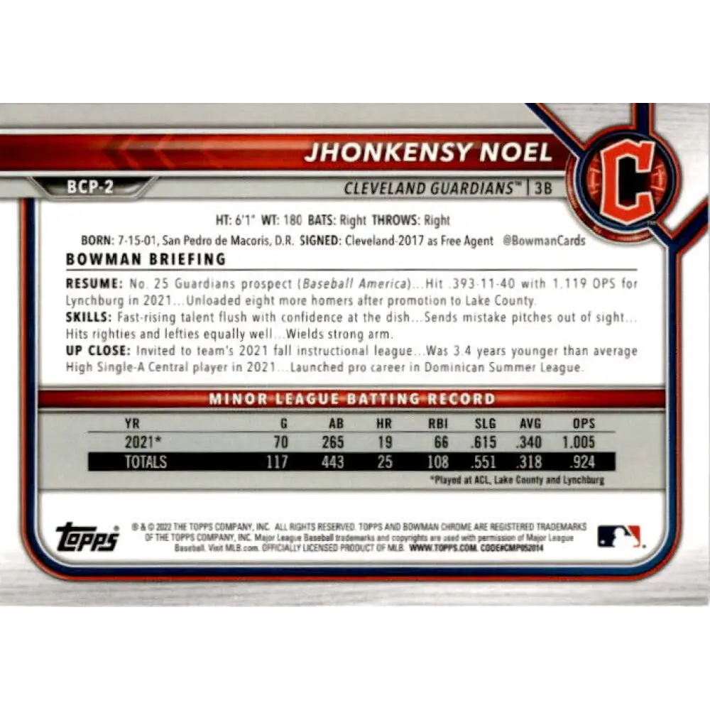 2022 Bowman Chrome Mega Box Mojo Refractor #BCP-2 Jhonkensy Noel NM-MT Cleveland Guardians Baseball Card Image 2