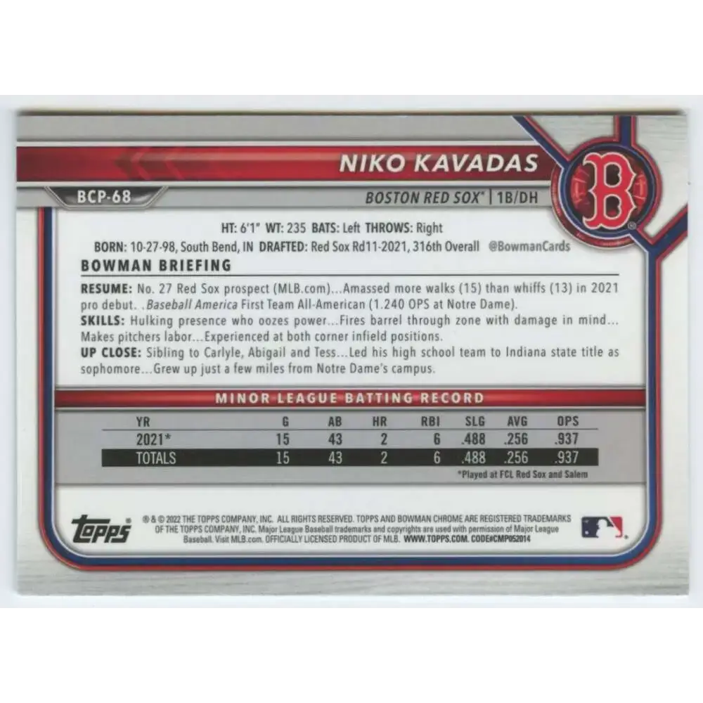 2022 Bowman Chrome Mega Box Mojo Refractor #BCP-68 Niko Kavadas NM-MT Boston Red Sox Baseball Card - Baseball Card