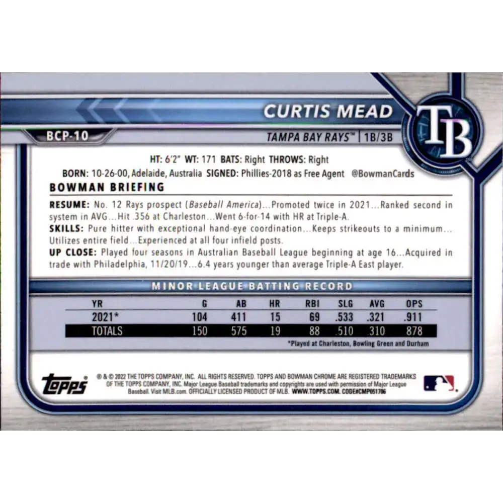 2022 Bowman Chrome Prospects #BCP-10 Curtis Mead NM-MT Tampa Bay Rays Baseball Card - Baseball Card Single