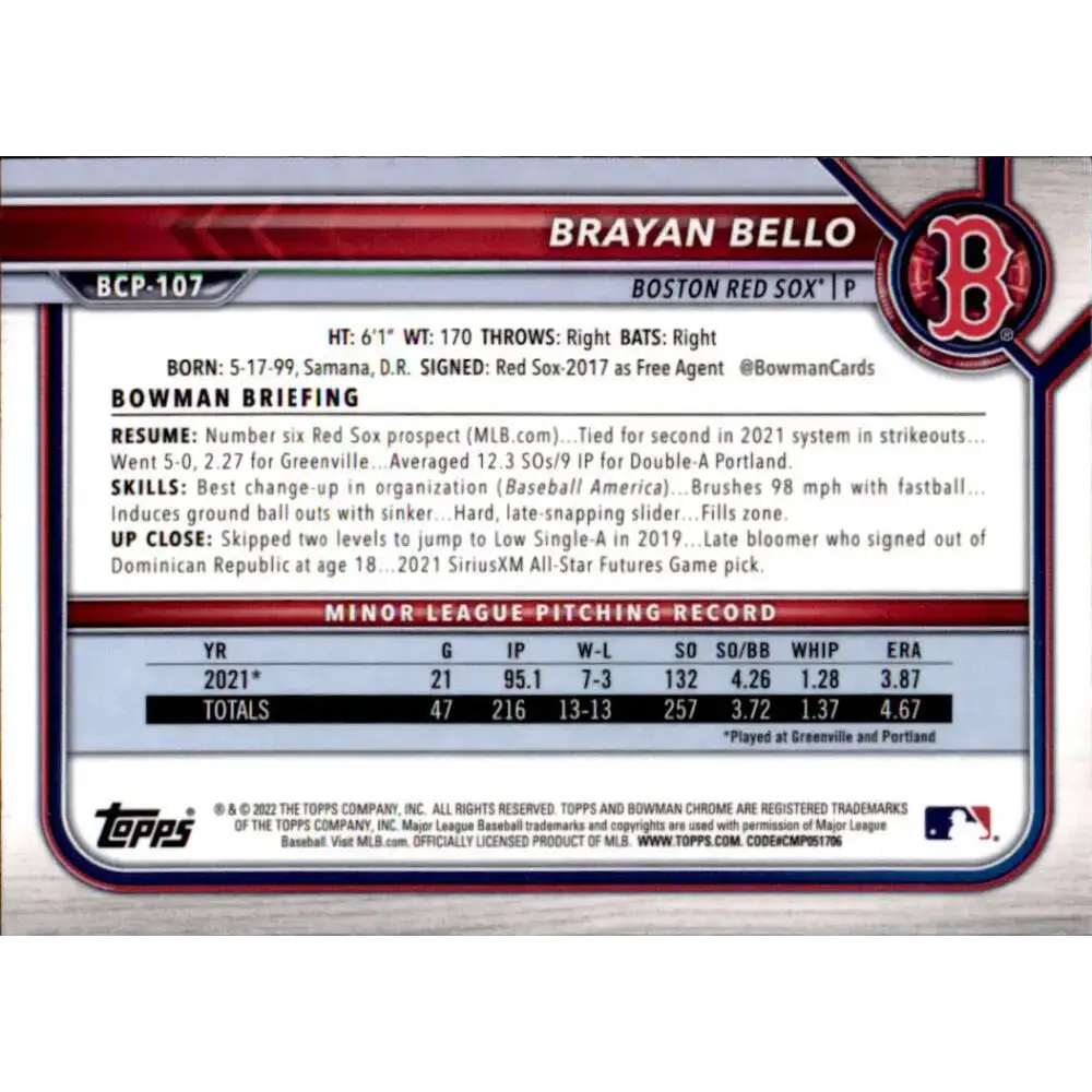 2022 Bowman Chrome Prospects #BCP-107 Brayan Bello NM-MT Boston Red Sox Baseball Card - Baseball Card Single