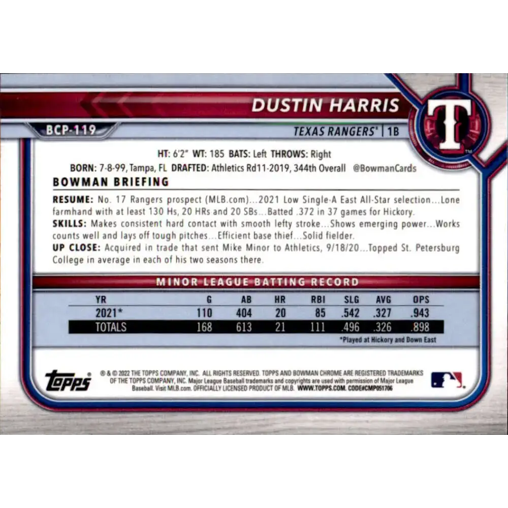 2022 Bowman Chrome Prospects #BCP-119 Dustin Harris NM-MT Texas Rangers Baseball Card - Baseball Card Single
