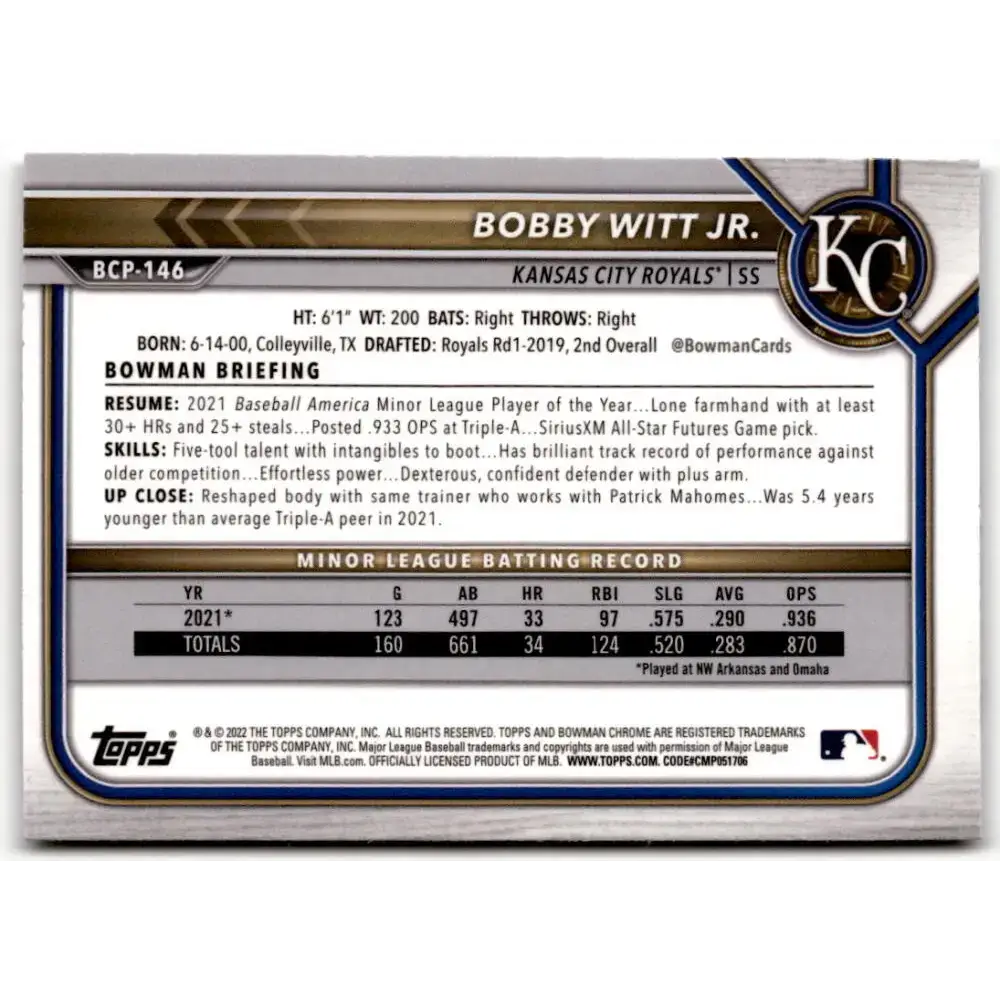 2022 Bowman Chrome Prospects #BCP-146 Bobby Witt Jr. NM-MT Kansas City Royals Baseball Card - Baseball Card Single