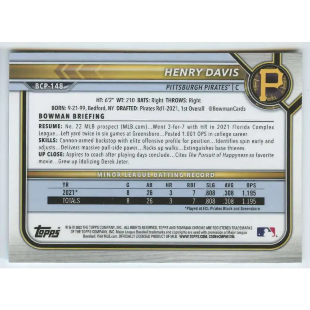 2022 Bowman Chrome Prospects #BCP-148 Henry Davis NM-MT Pittsburgh Pirates Baseball Card - Baseball Card Single