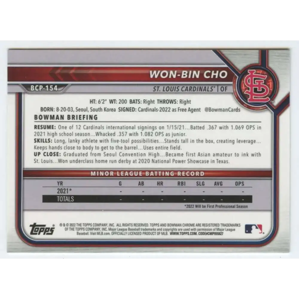 2022 Bowman Chrome Prospects #BCP-154 Won-Bin Cho NM-MT St. Louis Cardinals Baseball Card - Baseball Card Single