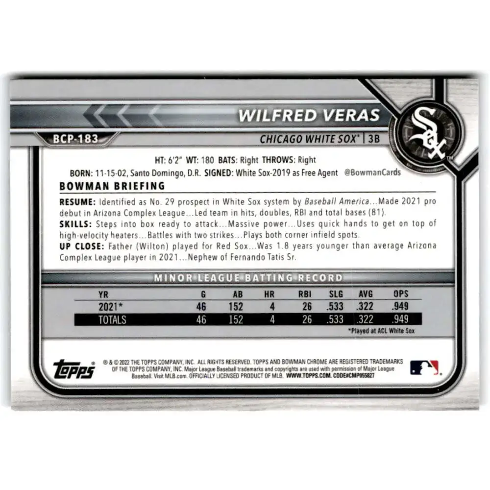 2022 Bowman Chrome Prospects #BCP-183 Wilfred Veras NM-MT Chicago White Sox Baseball Card - Baseball Card Single
