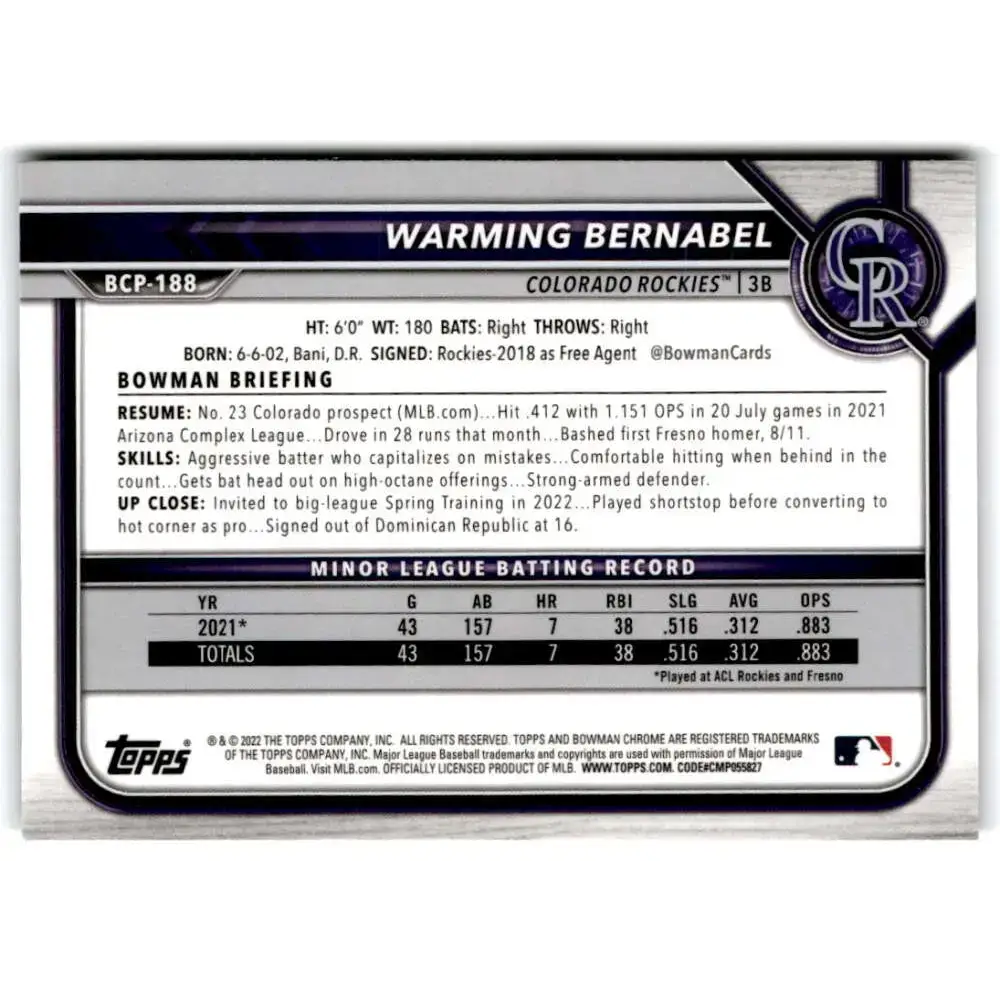 2022 Bowman Chrome Prospects #BCP-188 Warming Bernabel NM-MT Colorado Rockies Baseball Card - Baseball Card Single