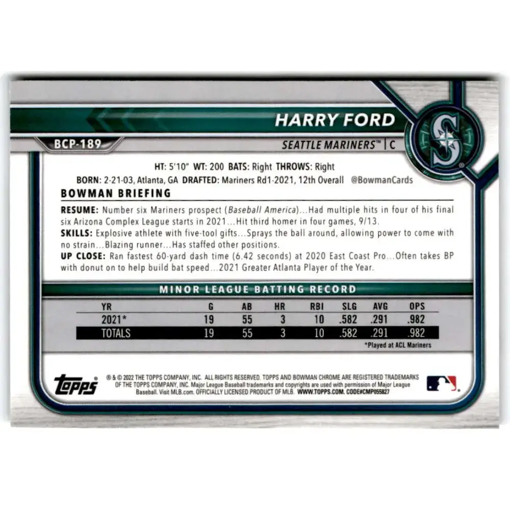 2022 Bowman Chrome Prospects #BCP-189 Harry Ford NM-MT Seattle Mariners Baseball Card - Baseball Card Single