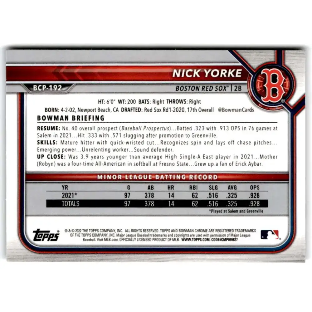 2022 Bowman Chrome Prospects #BCP-192 Nick Yorke NM-MT Boston Red Sox Baseball Card - Baseball Card Single