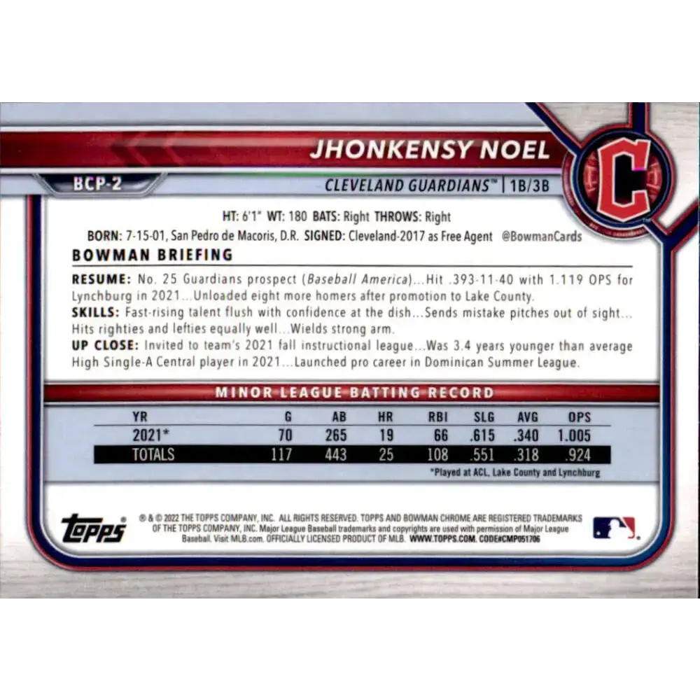2022 Bowman Chrome Prospects #BCP-2 Jhonkensy Noel NM-MT Cleveland Guardians Baseball Card - Baseball Card Single