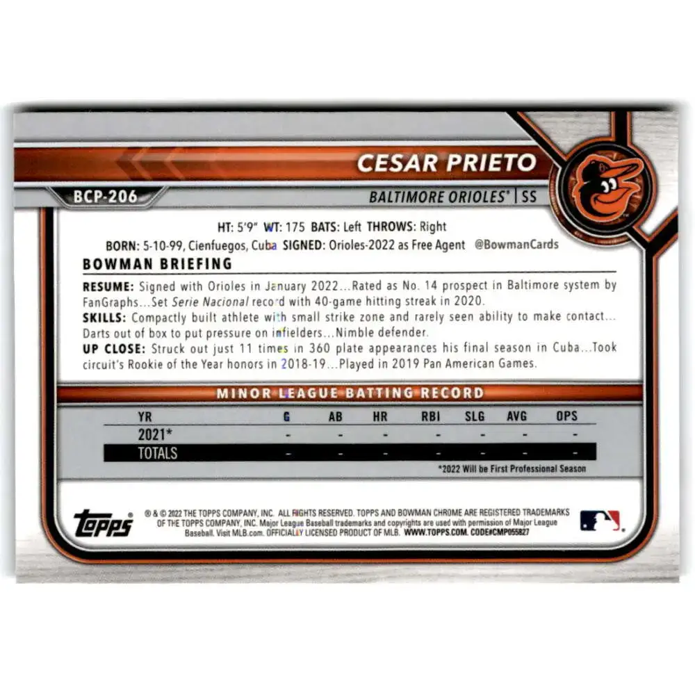 2022 Bowman Chrome Prospects #BCP-206 Cesar Prieto NM-MT Baltimore Orioles Baseball Card - Baseball Card Single