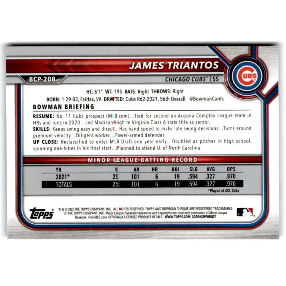 2022 Bowman Chrome Prospects #BCP-208 James Triantos NM-MT Chicago Cubs Baseball Card - Baseball Card Single