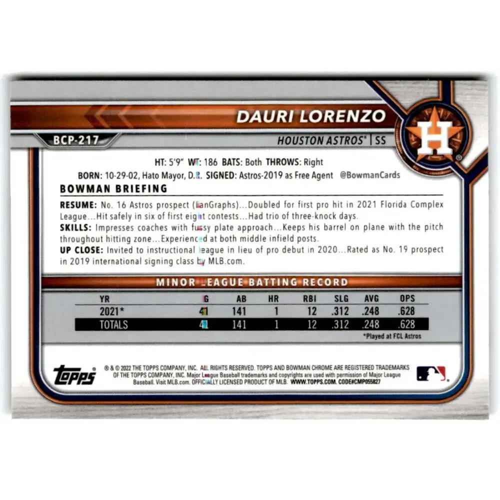 2022 Bowman Chrome Prospects #BCP-217 Dauri Lorenzo NM-MT Houston Astros Baseball Card - Baseball Card Single