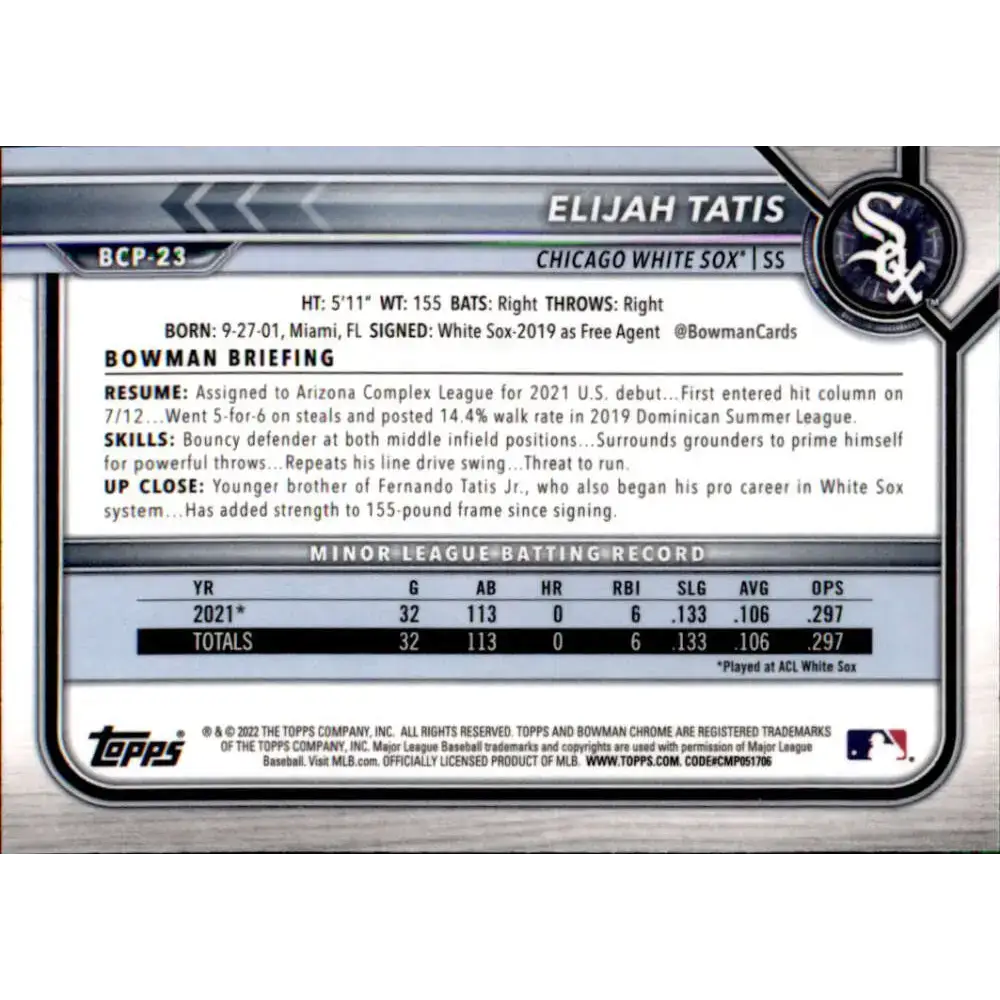 2022 Bowman Chrome Prospects #BCP-23 Elijah Tatis NM-MT Chicago White Sox Baseball Card - Baseball Card Single