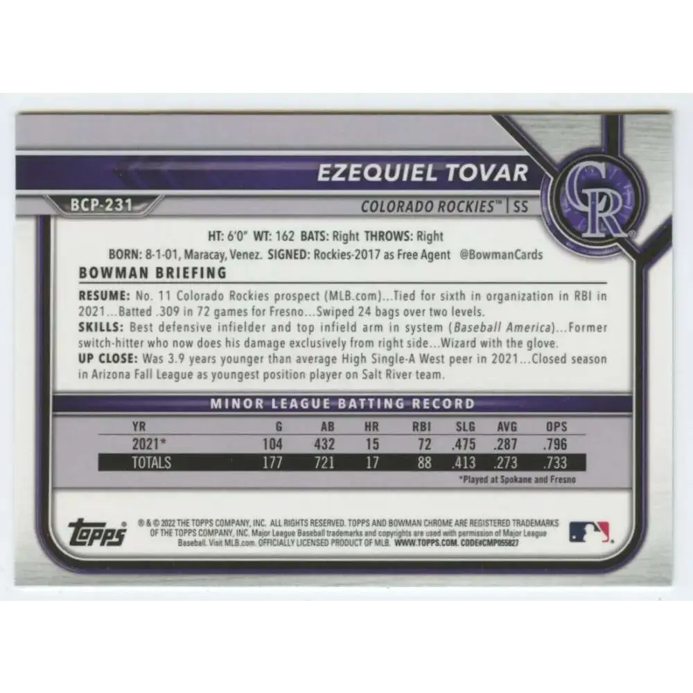 2022 Bowman Chrome Prospects #BCP-231 Ezequiel Tovar NM-MT Colorado Rockies Baseball Card - Baseball Card Single