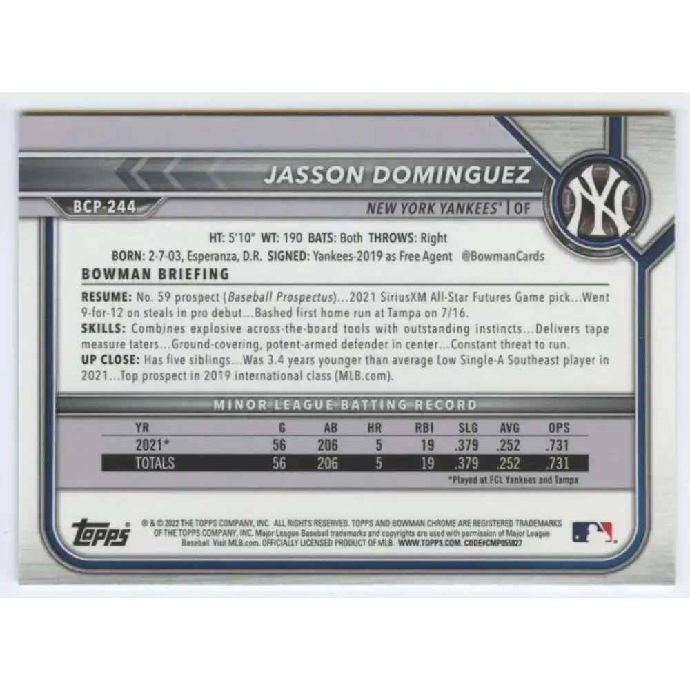 2022 Bowman Chrome Prospects #BCP-244 Jasson Dominguez NM-MT New York Yankees Baseball Card - Baseball Card Single