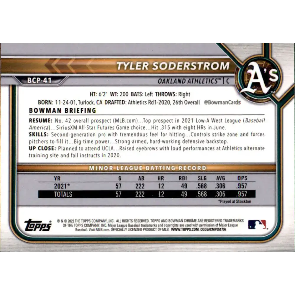 2022 Bowman Chrome Prospects #BCP-41 Tyler Soderstrom NM-MT Oakland Athletics Baseball Card - Baseball Card Single