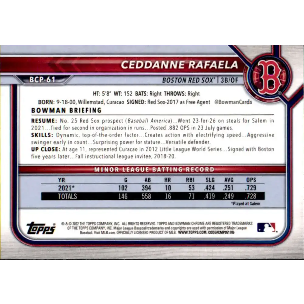 2022 Bowman Chrome Prospects #BCP-61 Ceddanne Rafaela NM-MT Boston Red Sox Baseball Card - Baseball Card Single