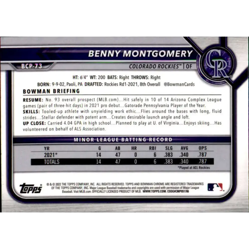 2022 Bowman Chrome Prospects #BCP-73 Benny Montgomery NM-MT Colorado Rockies Baseball Card - Baseball Card Single