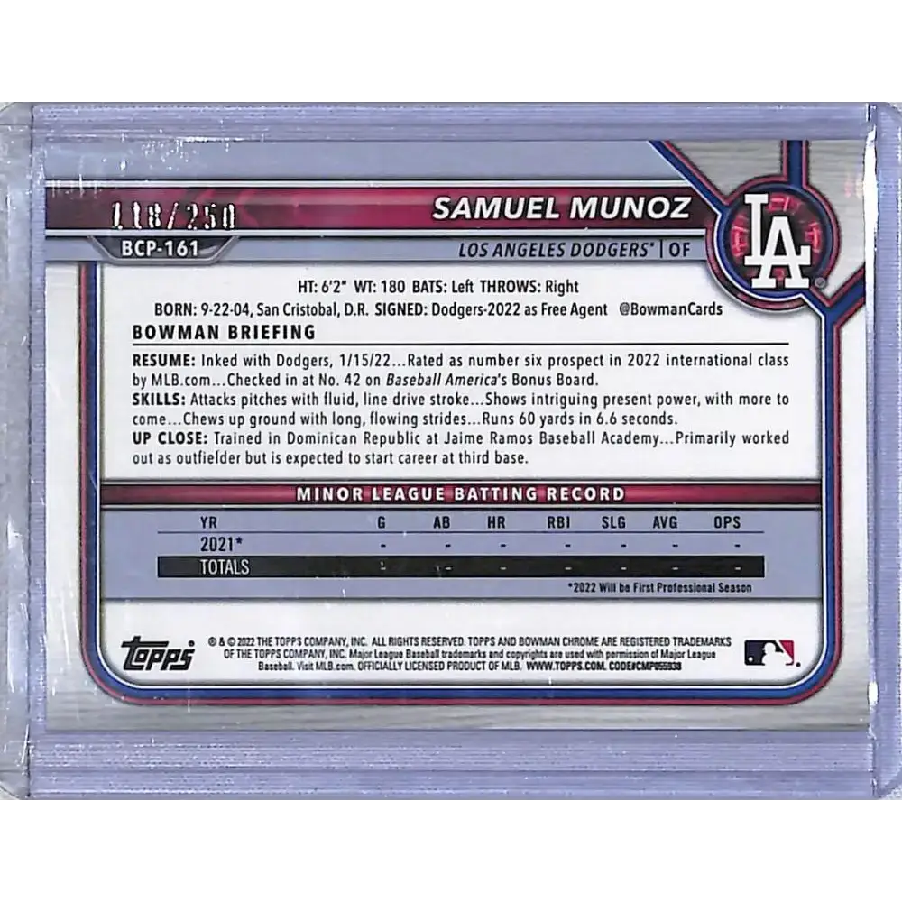 2022 Bowman Chrome Prospects Purple Mojo #BCP-161 Samuel Munoz NM-MT 118/250 Los Angeles Dodgers - Baseball Card Single