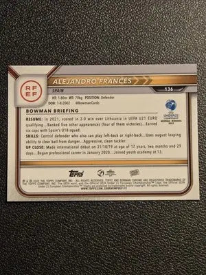 2022 Bowman Chrome Road to UEFA U21 Euros Alejandro Frances Atomic Refractors - Soccer Card Single