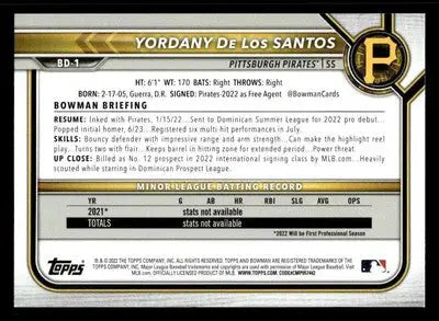 2022 Bowman Draft 1st Edition #BD-1 Yordany De Los Santos - Baseball Card Single