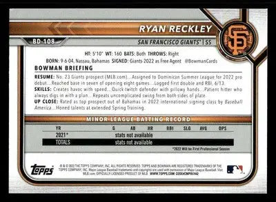 2022 Bowman Draft 1st Edition #BD-108 Ryan Reckley - Baseball Card Single