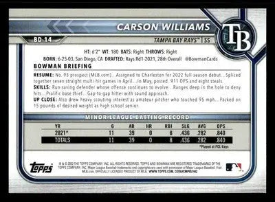 2022 Bowman Draft 1st Edition #BD-14 Carson Williams - Baseball Card Single