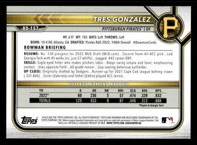 2022 Bowman Draft 1st Edition #BD-157 Tres Gonzalez - Baseball Card Single