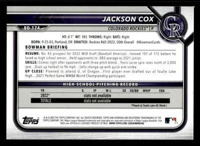 2022 Bowman Draft 1st Edition #BD-174 Jackson Cox Sky Blue - Baseball Card Single