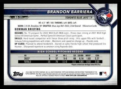 2022 Bowman Draft 1st Edition #BD-21 Brandon Barriera - Baseball Card Single