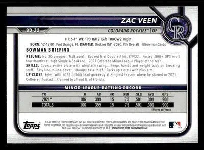 2022 Bowman Draft 1st Edition #BD-32 Zac Veen - Baseball Card Single