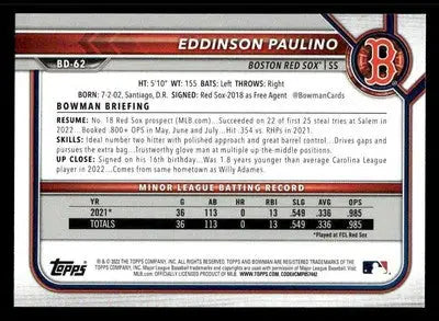2022 Bowman Draft 1st Edition #BD-62 Eddinson Paulino - Baseball Card Single