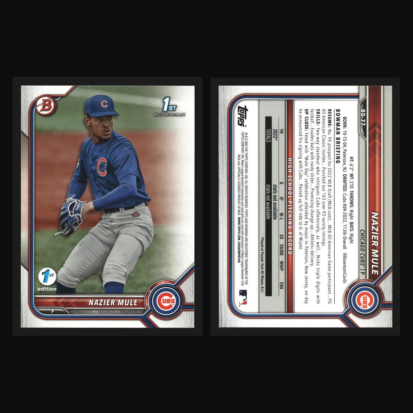 2022 Bowman Draft 1st Edition #BD-77 Nazier Mule 1st Bowman Cubs - Baseball Card Single