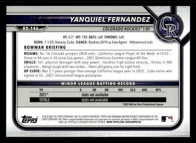 2022 Bowman Draft #BD-146 Yanquiel Fernandez - Baseball Card Single