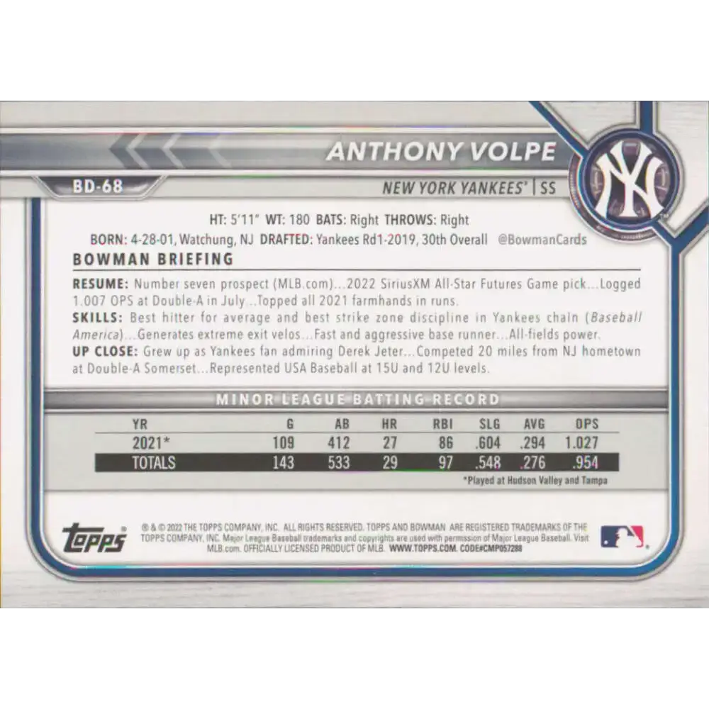 2022 Bowman Draft #BD-68 Anthony Volpe NM-MT New York Yankees Baseball Card - Baseball Card Single
