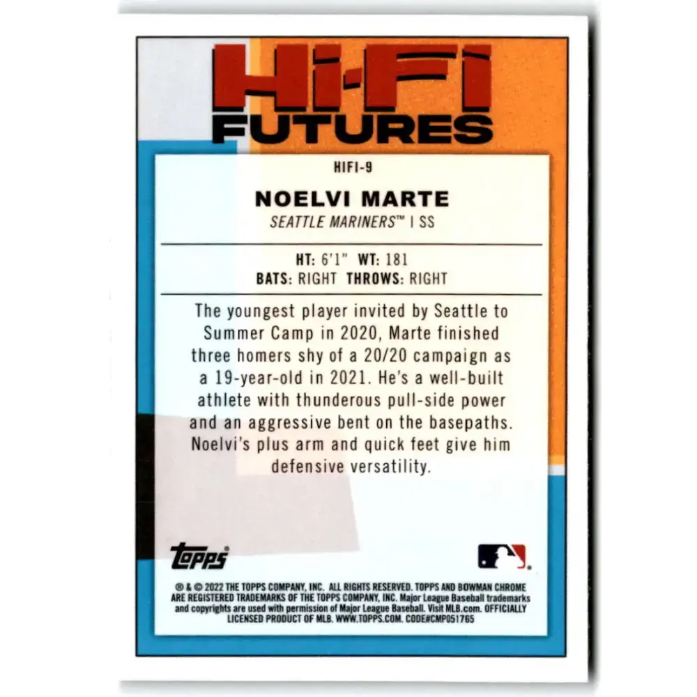 2022 Bowman Hi-Fi Futures Refractor #HIFI-9 Noelvi Marte NM-MT Seattle Mariners Baseball Card - Baseball Card Single