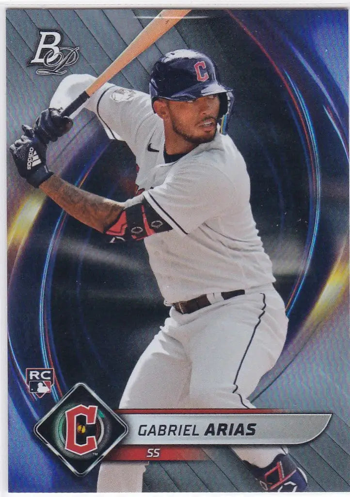 Baseball trading card of Gabriel Arias in white uniform for Bowman Platinum RC Cleveland