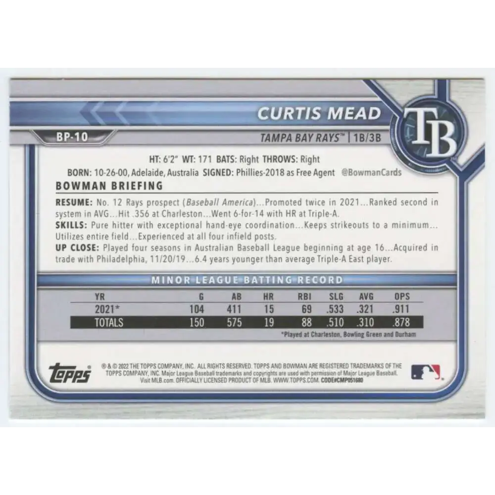 2022 Bowman Prospects #BP-10 Curtis Mead NM-MT Tampa Bay Rays Baseball Card - Baseball Card Single