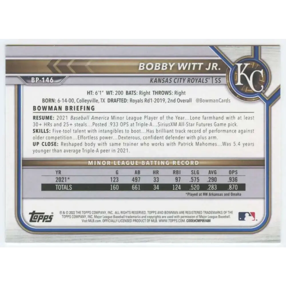 2022 Bowman Prospects #BP-146 Bobby Witt Jr. NM-MT Kansas City Royals Baseball Card - Baseball Card Single