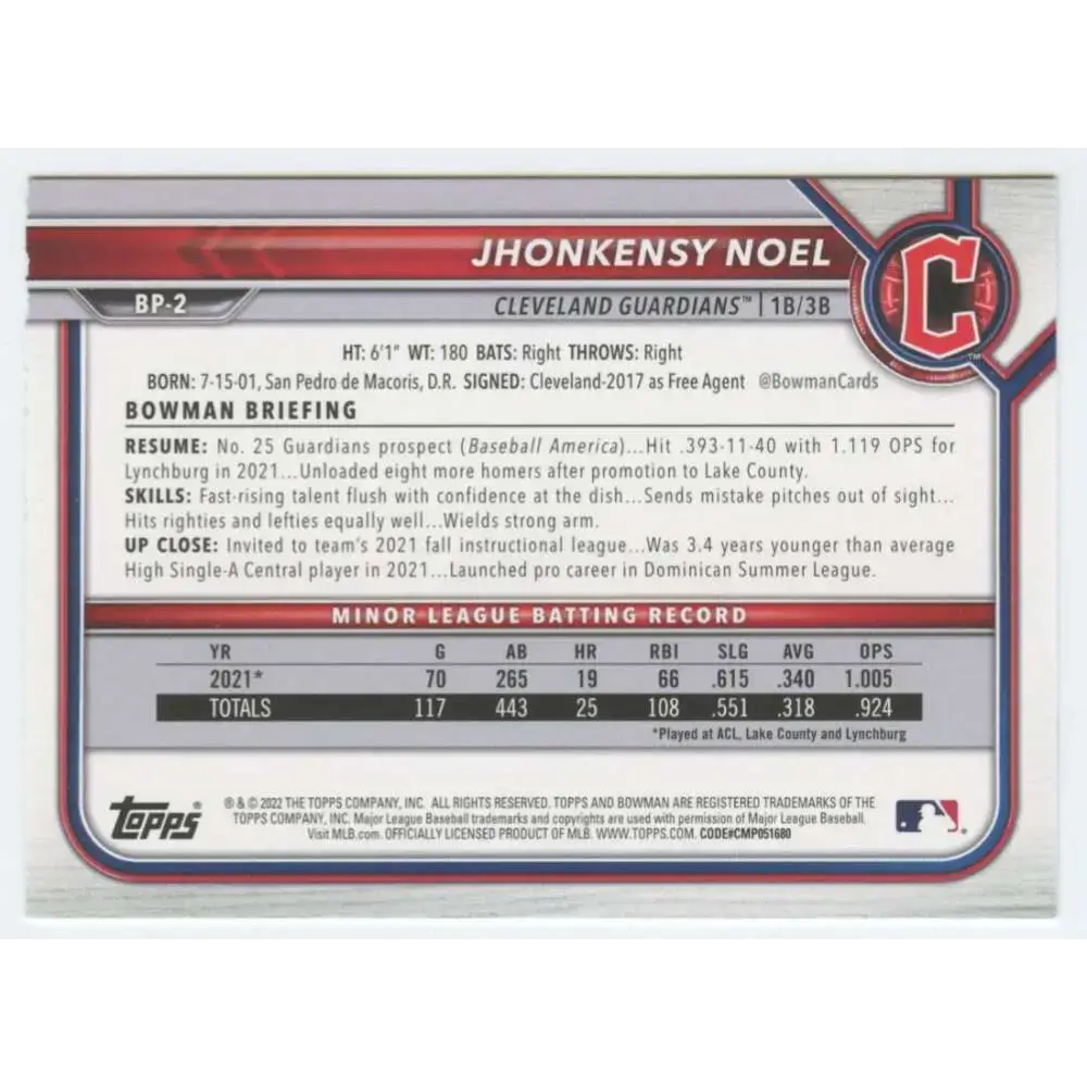 2022 Bowman Prospects #BP-2 Jhonkensy Noel NM-MT Cleveland Guardians Baseball Card - Baseball Card Single