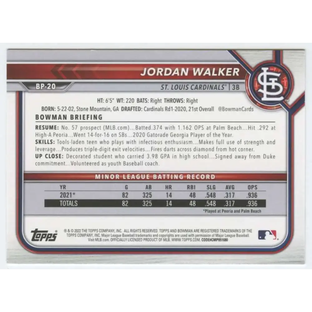 2022 Bowman Prospects #BP-20 Jordan Walker NM-MT St. Louis Cardinals Baseball Card - Baseball Card Single