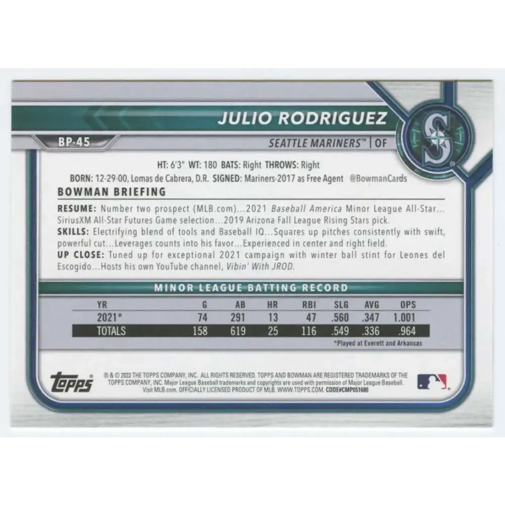 2022 Bowman Prospects #BP-45 Julio Rodriguez NM-MT Seattle Mariners Baseball Card - Baseball Card Single