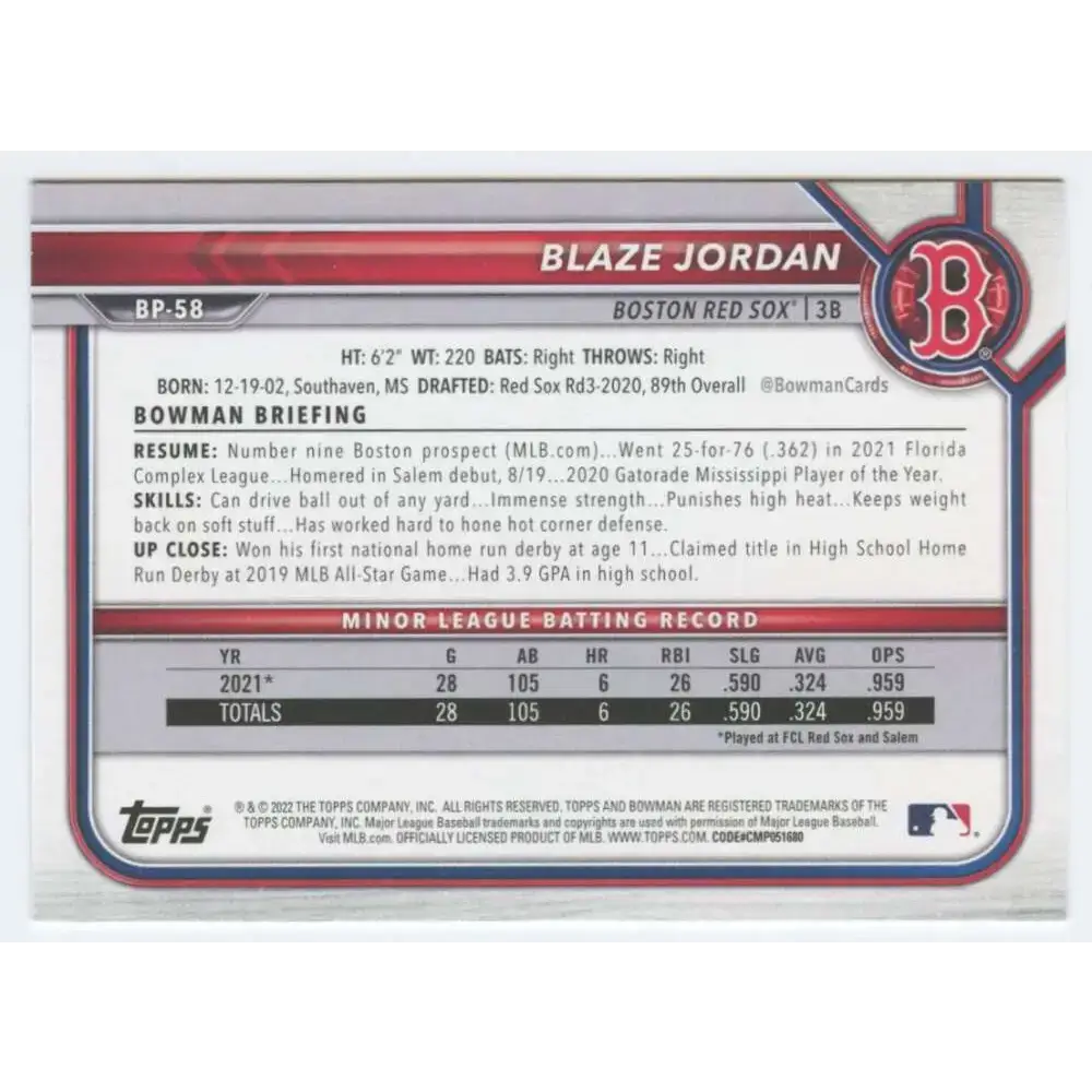 2022 Bowman Prospects #BP-58 Blaze Jordan NM-MT Boston Red Sox Baseball Card - Baseball Card Single