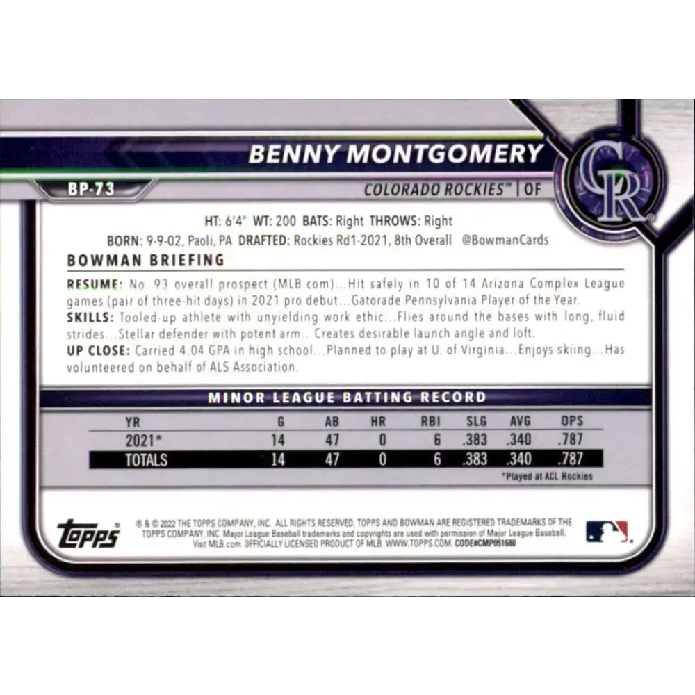 2022 Bowman Prospects #BP-73 Benny Montgomery NM-MT Colorado Rockies Baseball Card - Baseball Card Single