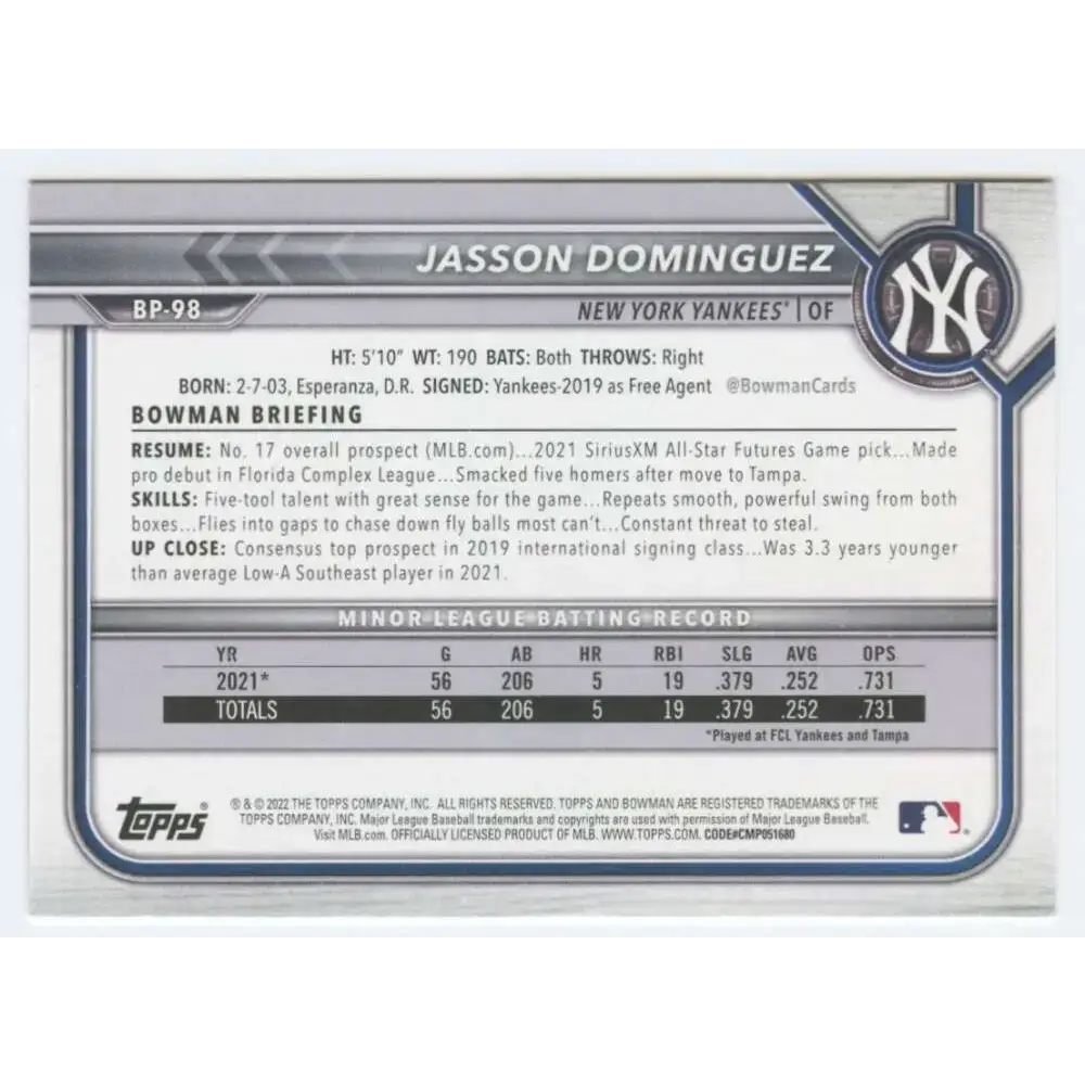 2022 Bowman Prospects #BP-98 Jasson Dominguez NM-MT New York Yankees Baseball Card - Baseball Card Single