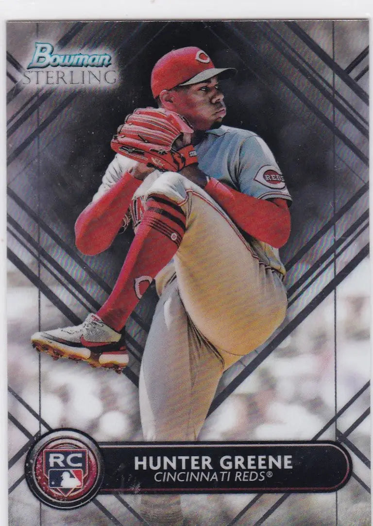 Baseball card of Hunter Greene in mid-throw for 2022 Bowman Sterling RC Cincinnati Reds