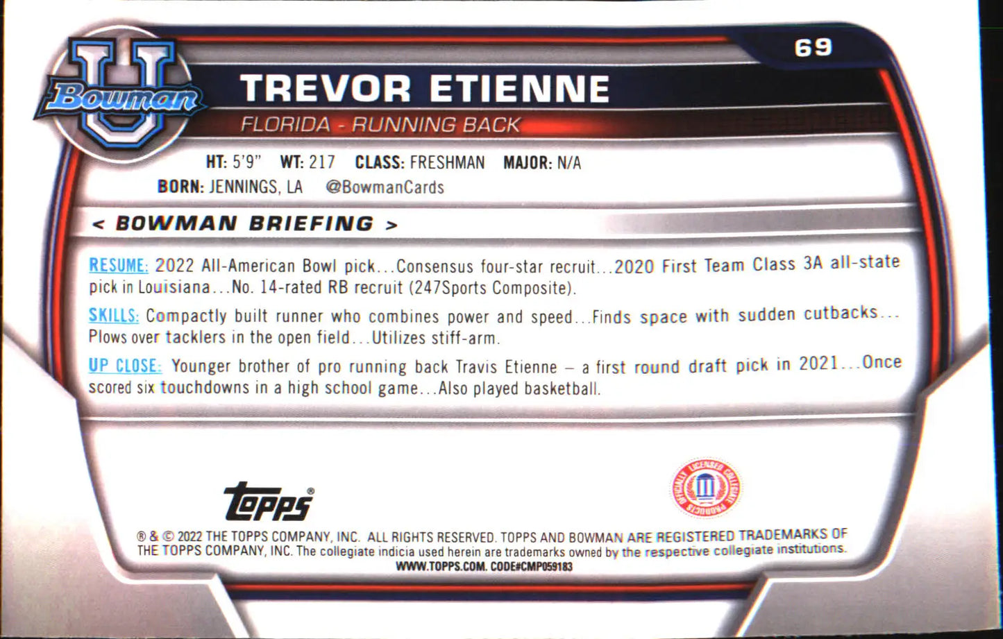 2022 Bowman University Chrome #69 Trevor Etienne
