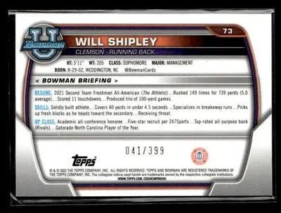2022 Bowman University Chrome #73 Will Shipley Purple Shimmer Refractor #/399 - Baseball Card Single